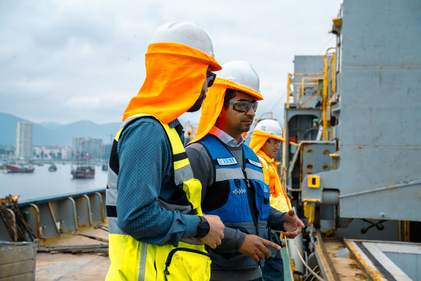 Trabajadores portuarios supervisando la carga