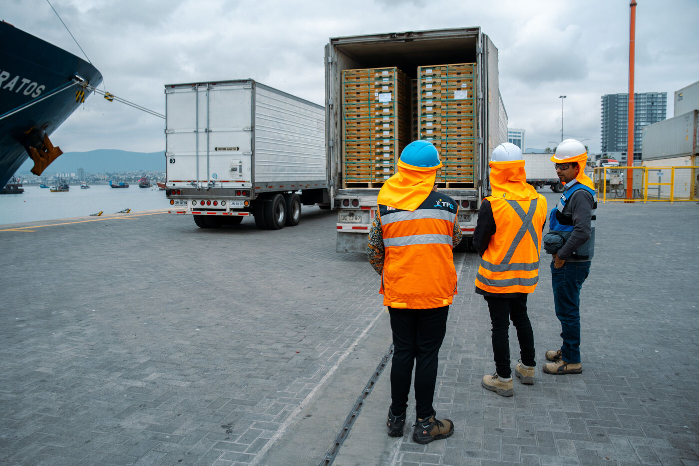 Cuadrilla en terreno junto a camión de carga refrigerada